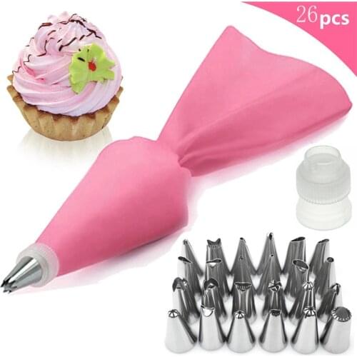 26Pcs/Pack Silicone Pastry Tips Bag Kitchen DIY Cake Icing Piping Cream Cake Decorating Tools Reusable Pastry Bags+24 Nozzle Set