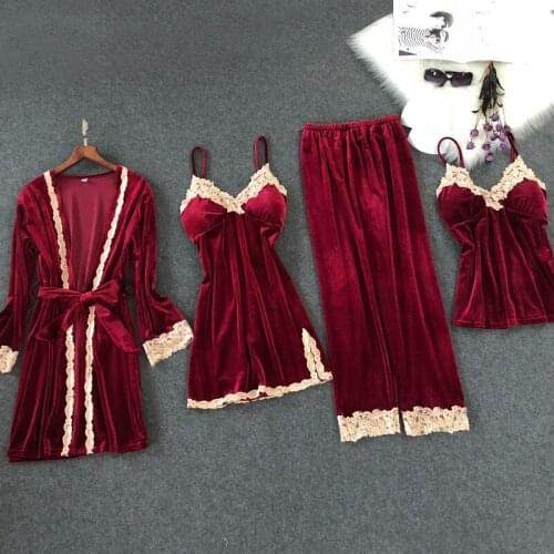 4 Pcs Female Pajamas Set Sexy Lace Gold Velvet Sleepwear Female Pajamas Home Clothes Long Sleeve Sling Loungewear Pyjamas