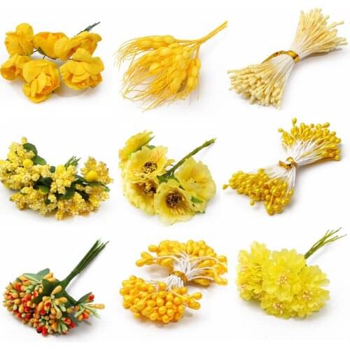 6-288pcs/lot Yellow Artificial Hybrid Flower Cherry Stamen Berries Bundle DIY Christmas Wedding Cake Gift Box Wreaths Decor