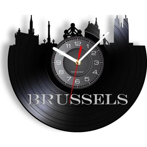 Brussels Architecture Gramophone Record Wall Clock Belgian Capital Cityscape Minimalistic Art Vintage Tourist Souvenirs Decor