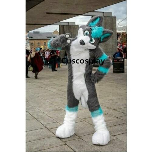 Long Fur Blue Grey Wolf Husky Dog Mascot Costume Furry Suits Party Game Fursuit Outfit Carnival Halloween Xmas Easter Ad Clothes