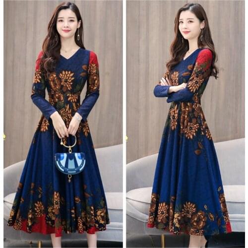 Blue V Neck Floral Dress Elegant Ladies Midi Vestido Long Sleeves Big Swing Plus Size Autumn Dresses High Quality Vintage Casual