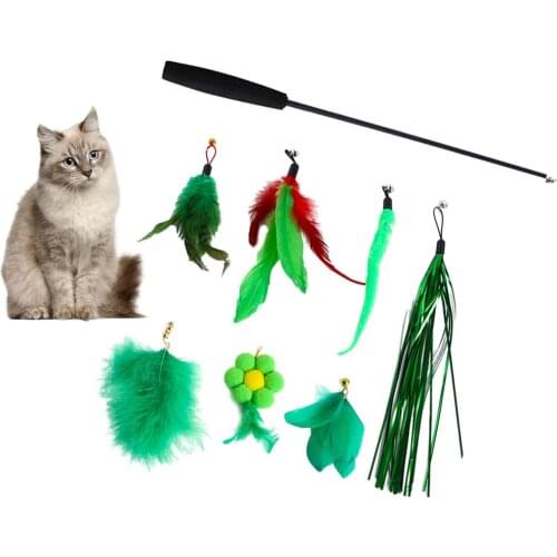 Pet Cat Toys Stick Teaser Feather Wand Cat Catcher Teaser Retractable Rod with 7pcs Attachments Toys Cat Interactive Toys