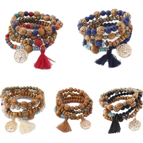 Wood Bead Bohemia Elastic Charms Bracelets & Bangles Wooden Beads Bracelet Multilayers Pulseras Women