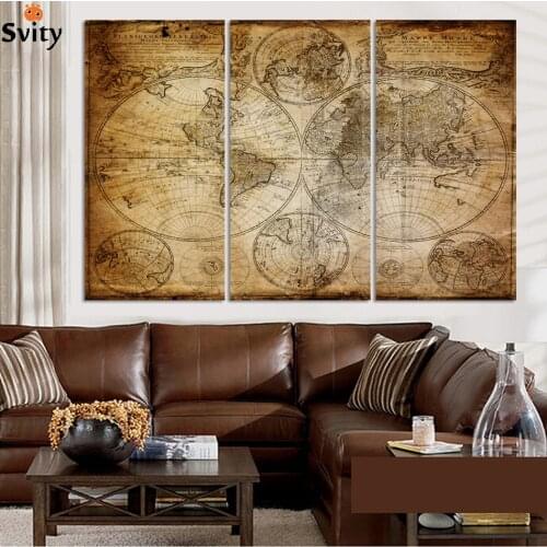Free Shipping ancient decorative painting mural world map frameless abstract oil painting on canvas wholesale home decor