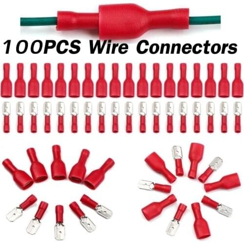 100Pcs FDD 1.25-250 MDD1.25-250 6.3mm Red Female&Male Spade Terminals Insulated Electrical Crimp Connectors Wiring Cable Plug