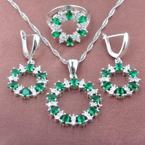 Top Quality Green White Zircon Womens Silver Color Jewelry Sets Necklace Pendant Earrings Ring TZ0414