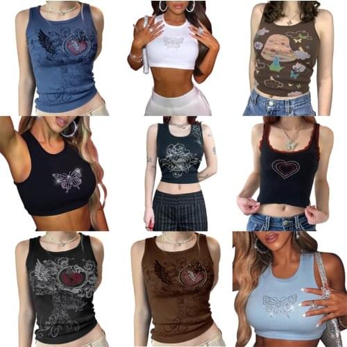 Fashion Sparkly Rhinestone Butterfly Ribbed Tank Tops Women Summer 2021 Sexy Club Tops White Black Blue Cropped T Shirts