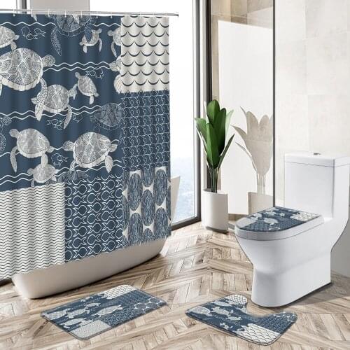 Ocean Animal Shower Curtain Set Octopus Sea Turtle Abstract Geometric Retro Nautical Decor Bath Mat Toilet Cover Bathroom Carpet