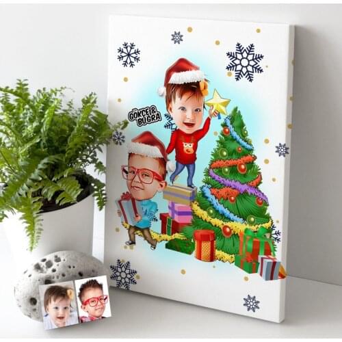 Personalized Christmas Themed Brothers Caricature Of Canvas table (30x50 cm.) - 1 Custom Design Souvenir Beautiful Memories