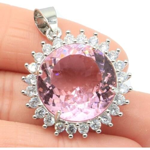 35x25mm Romantic Big Round Gemstone 18mm Created Pink Kunzite CZ Womans Daily Wear Silver Pendant