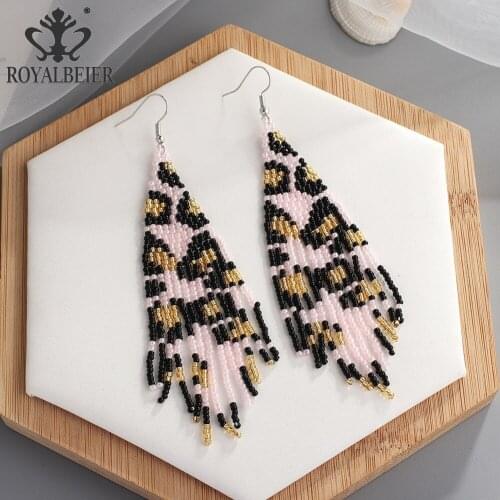 ROYALBEIER Handwoven Boho Leopard Bead Dangle Earrings For Women Elegant High Quality Long Tassel Drop Earrings Fashion Jewelry