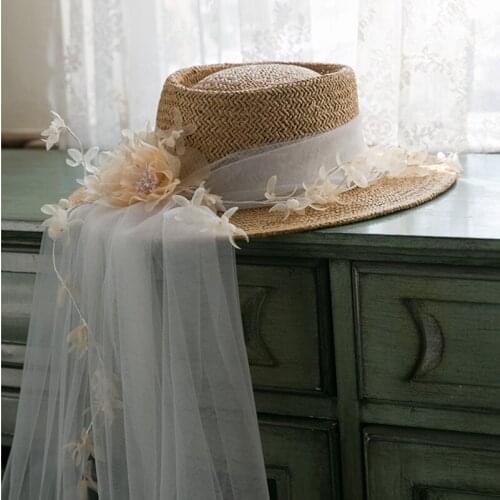 New Brown Women Sun Hat Vintage Hand-knitted Birde Hat with Veil Bride Headdress novia accesorios