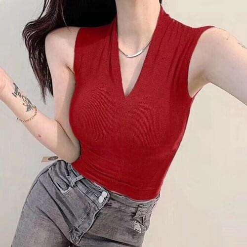 2021 Spring Autumn Sexy V-Neck Thin Knitted Tank Womens Plain Tanktops Trend Summer Sleeveless Off Shoulder Solid Color Tops
