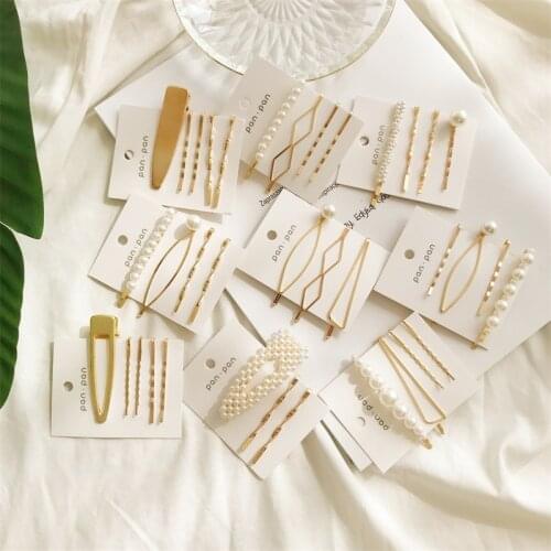 Korean Version of The Ins Net Red Suit Pearl Hairpin 4 Pcs Suit Korean Temperament Sweet Pearl Duckbill Clip Side Clip Girl