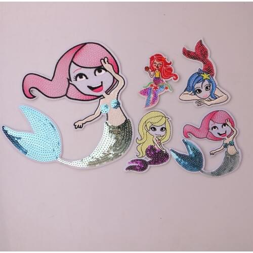 1 PCS Cute sequin mermaid icon Embroidered Iron on Patches for Clothing DIY Stripes Clothes Patchwork Stickers Custom Badges