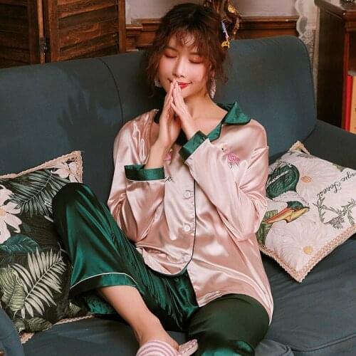 2 Piece Autumn Women Sleepwear Faux Silk Satin Pajamas Set Long Sleeve Sleepwear Pyjama Suit Female Causal Homewear Pijama Mujer