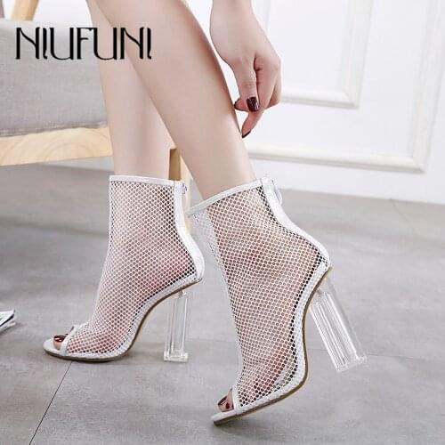 Womens Ankle Sandals Boots NIUFUNI 2021 Peep Toe Mesh Back Zipper High Heels Crystal Casual Shoes For Women femmes bottes