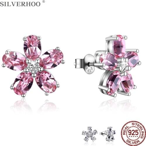 SILVERHOO 925 Sterling Silver Stud Earrings For Women Petal Austria Crystal Party Wedding Fashion Jewelry Gift New Arrivals