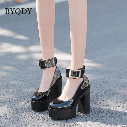 BYQDY Autumn Women Chunky Block High Heel Pumps Platform Ankle Strap Buckle Pumps Punk Shoes Round Head Black White Footwear