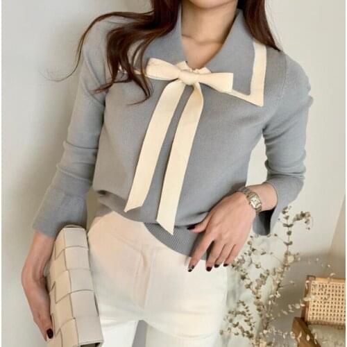 New 2020 Autumn Winter Womens Sweaters Turn-down Collar Pagoda Sleeve Lace Up Bow Elegant Knitted Lady Jumper CL723