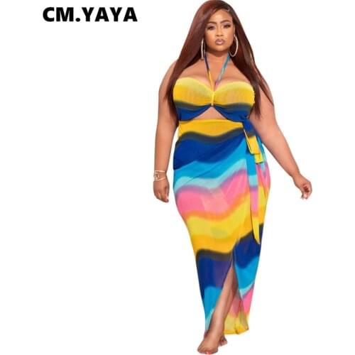 CM.YAYA Women Plus Size Dress Print Sleeveless Halter Hollow Bandage Asymmetrical Skinny Long Maxi Dresses Sexy Outfit Summer