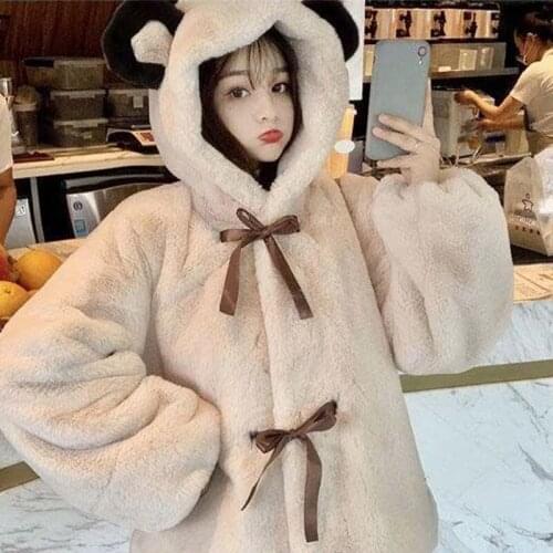 Women Cute Style Cashmere Coat Girl Teddy Bear Hooded Velvet Jacket For Women Warm Female Winter Warm Kawaii Coat Femme