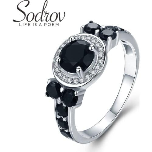 SODROV Cute 925 Sterling Silver Fine Jewelry Round Bague Black Spinel Wedding Rings for Women Girl Party Gift C470