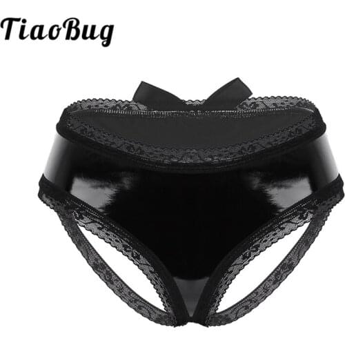 TiaoBug Women Lingerie Wetlook Faux Leather Open Back Underwear Women Floral Lace Bowknot Bikini Briefs Thong Sexy Panties Tanga