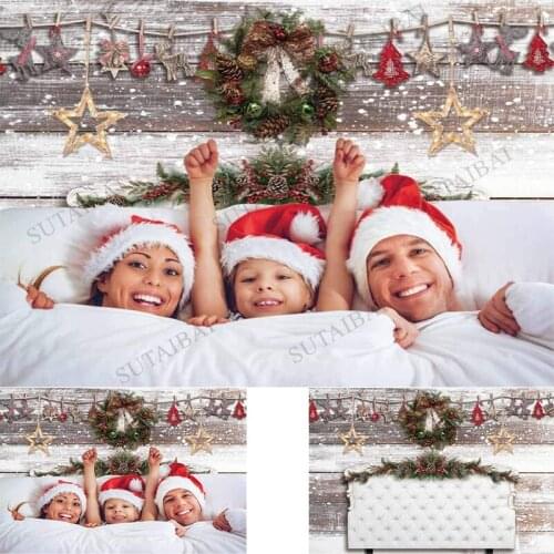 Winter Christmas Bed Headboard Photography Backdrop Rustic Wood Wreath Merry Xmas Party Stars Snowflake Retro Wooden Background