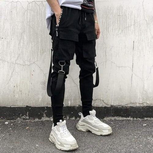 Black Hip-Hop Jogger Mens Streetwear Sports Pants Multi-Pocket Safari Styles Pencil Pants Patchwork Sweatpants pantalon homme