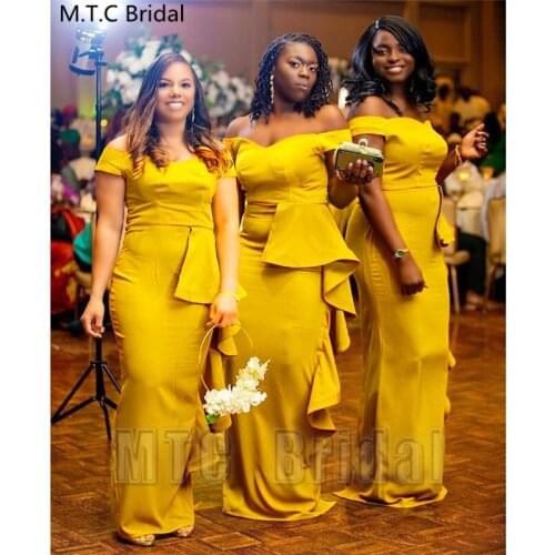 Golden Mermaid Long African Bridesmaid Dresses Off The Shoulder Elastic Satin Plus Size Black Girls Wedding Party Dress Cheap