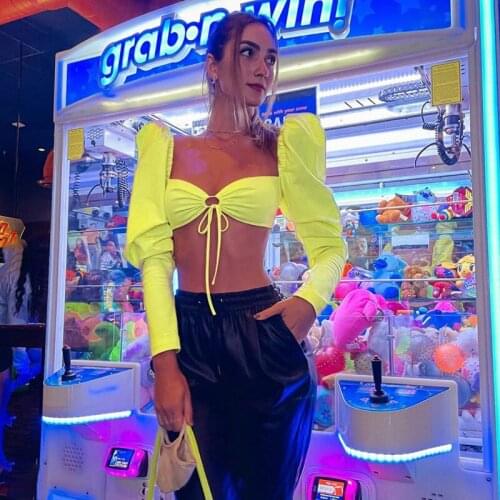 DSMTRC Slash Neck Bare Boob Sexy Club Streetwear Hot Female Top Solid Sexy Corset T-Shirt Women Saitn Shinny Puff Bandage Tees