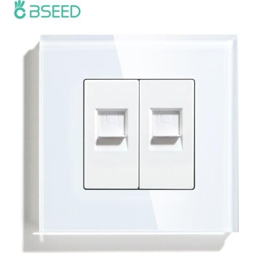 BSEED Double CAT5 Network Data Socket Internet RJ45 Wall Outlet EU Standard 86*86mm Tempered Glass Panel White Black Golden