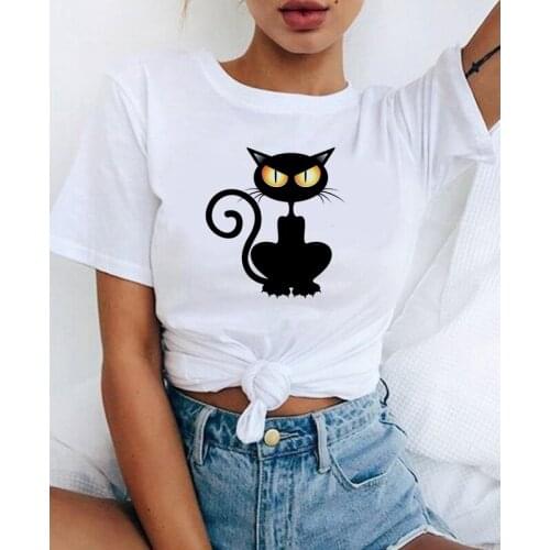 Harajuku graphic T-shirt O-neck short-sleeved T-shirt Summer T-shirt female TShirt New cat print female T-shirt