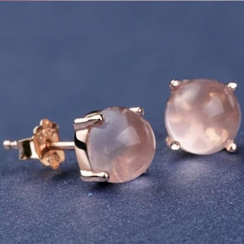 Classic 925 Sterling Silver Earrings Girl Fashion Jewelry Romantic Round Pink Crystal Rose Gold Stud Earring Engagement Gifts