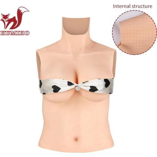 KUMIHO 6G No-Oil Silicone Half Bodysuit CD Cup Breast Forms Fake Boobs for Crossdresser Transgender Drag Queen Male to Female
