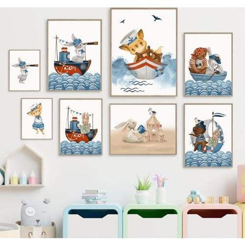 Cute Captain Bear Sailor Rabbit Fox Wall Art Canvas Painting Nordic Posters And Prints Cartoon Wall Pictures For Kids Room Decor