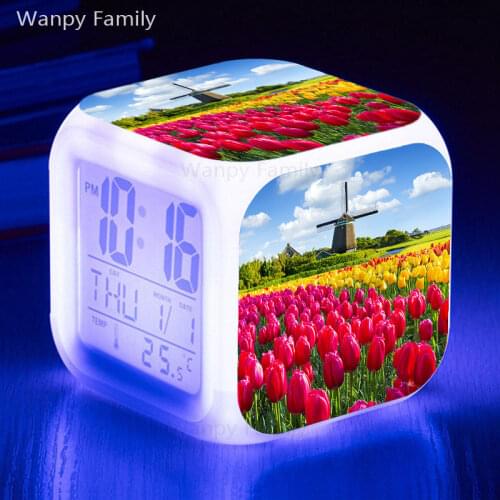 Pink Tulip Alarm Clock 7 color change Large Screen Multifunction Touch Sensitive Digital Clock for Childrens Birthday Gifts