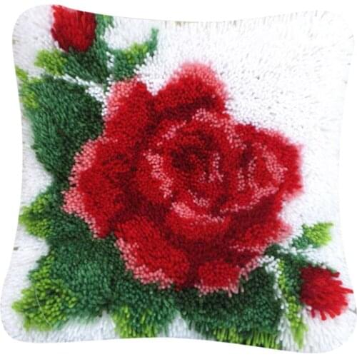 Red Flower Latch Hook Kit DIY Embroidery Crocheting for Pillow Cover Sofa