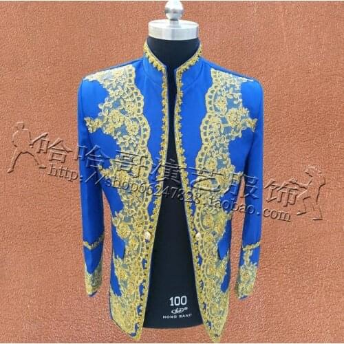 National Palace clothes men suits designs masculino homme stage singers embroidered jacket men blazer dance star style blue