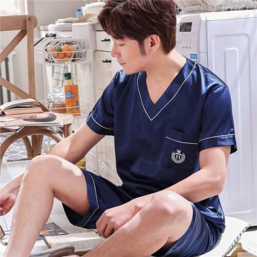 Mansleepwear T-shirt+Shorts Pajamas Set 2021 Summer Satin Silk Pyjamas V-Neck Sleepwear Polyester Home Clothing Plus Size Pijama
