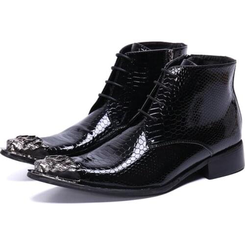 Luxury Patent Leather Chelsea Ankle Boots Men Pointed Toe High Toe Dress Shoes Europe America Mens Business Work Short Boots
