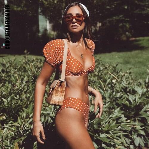 Sexy Bikini 2021 Woman Wave Point Swimwear Summer Two Pieces Puff Sleeve Swimsuit Halter Top Bathing Suit Swimming Wear