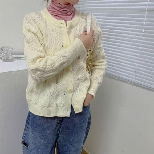 Pure color sweater women knitted cardigan new fashion retro twist stripe short long sleeve round neck top women casual