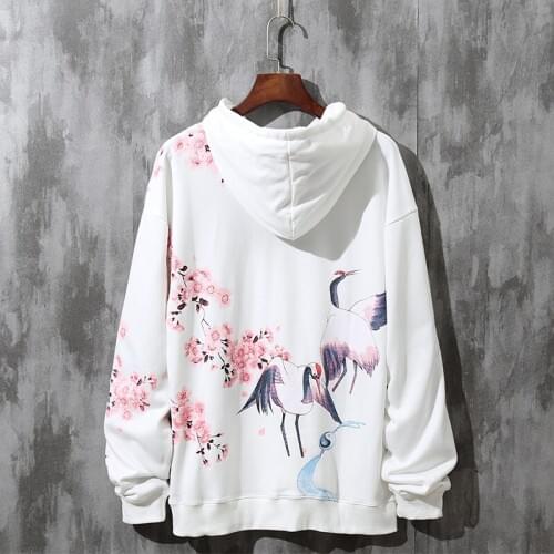 Oriental Cherry Print Hoodie Streetwear Hip Hop Oversize Women Men Unisex Cotton Sweatshirts Retro Hoody Chinese Style KK3147