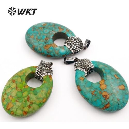 NP364 WKT Bohemia Style Natural Stone With Beautiful Pattern,Big Hole And Rhinestone Paved In Top Pendant,Women Jewelry Making
