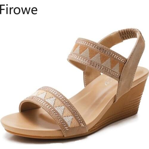 Firowe Women Wedge Sandals Casual Elastic Band PU Fashion Med 5cm Basic Leather Gladiator Sandals Sandalias De Tacon