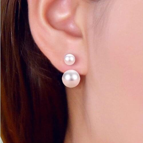 Bersun New 925 Sterling Silver Earrings Double Sided Pearl Earrings Women Fashion Fine Jewelry Ear Studs Gift 1pair