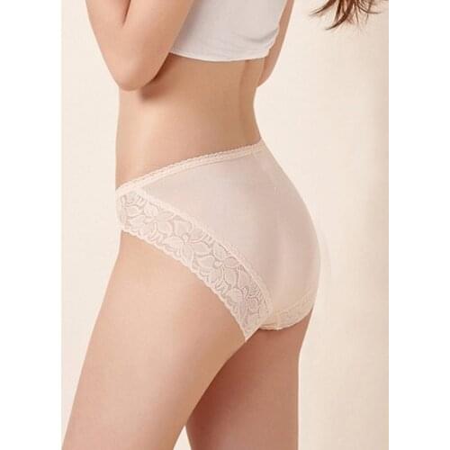 Womens 100% real silk midde rise lace waist panties briefs Underwear Lingerie size M L XL 1007